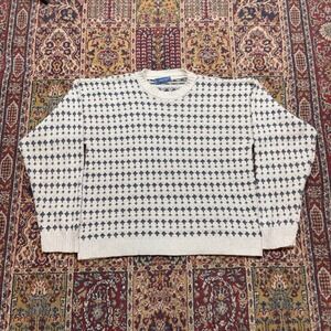 VTG 80s 90s Towncraft Birdseye Pattern Knit Cotton Sweater Cream Navy Blue USA L